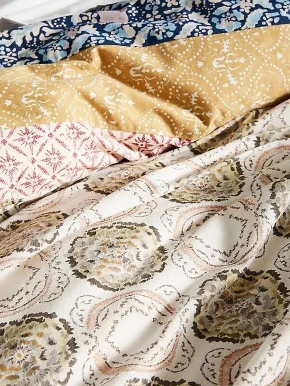 Anthropologie Multicolor Floral & Patchwork Duvet Cover - Blue, Mustard, Pink